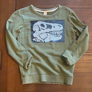 Sz 14 Green Dino Graphic Sweatshirt with flip sequins for new image. Like New